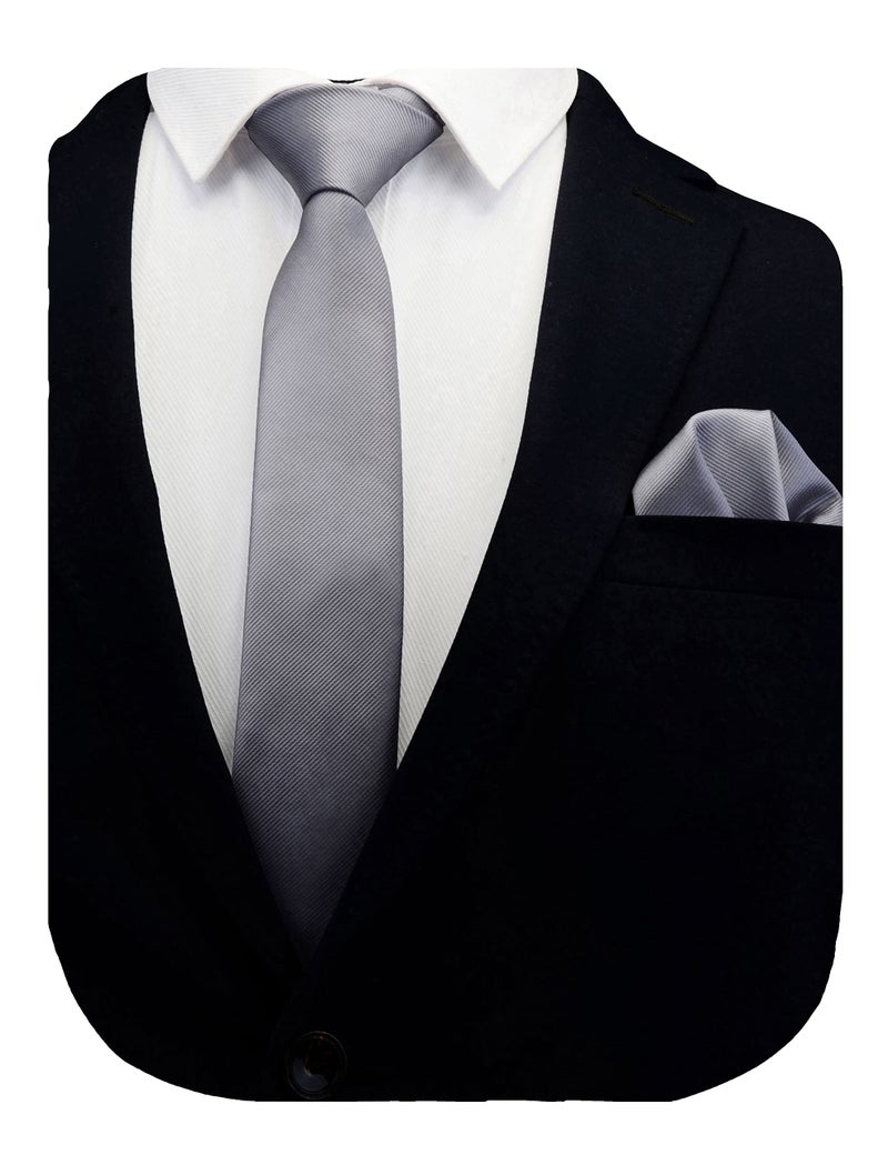 GUSLESON 2.4" Solid Silver Tie For Men Dark Gray Slim Skinny Necktie and Pocket Square Set (0754-05) - Image 2